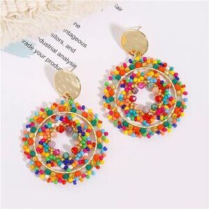 A Golden Colorful Beaded Dangling Earrings 1.57 Inches